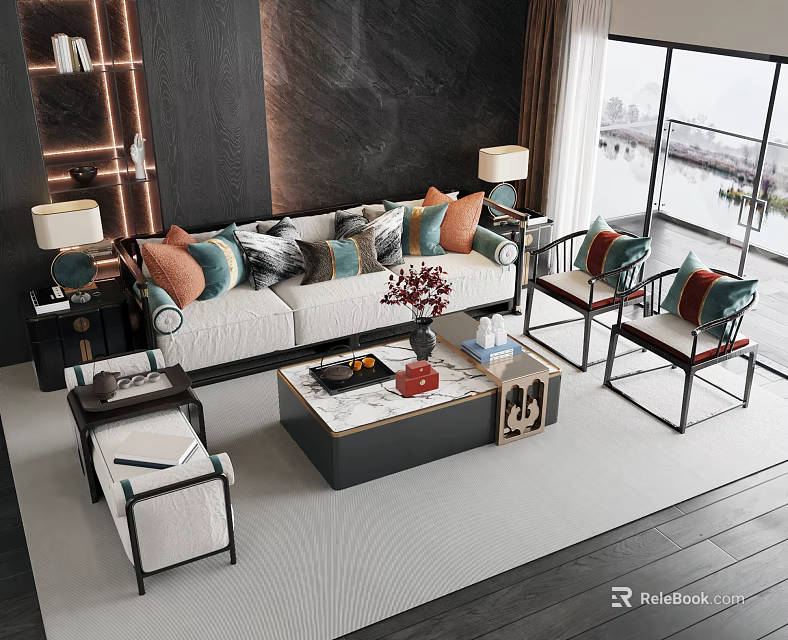 Modern Sofa And Coffee Table Set With Decorative Pillows Table Lamps And Window View 3d model