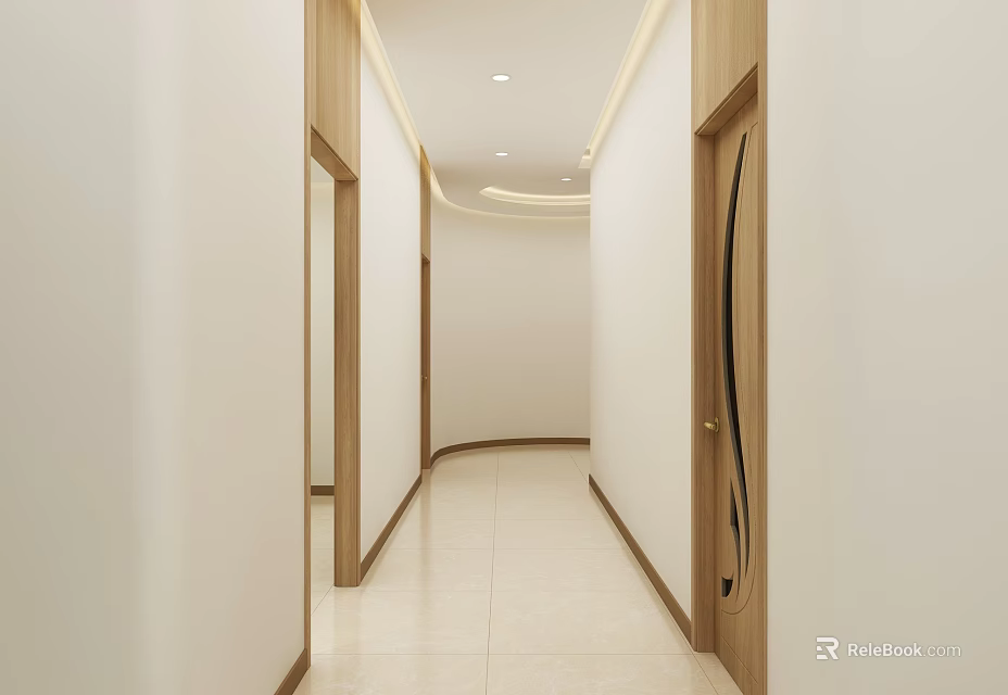 Modern Office Corridor With White Walls Wooden Doors And Tile Flooring 3d model 