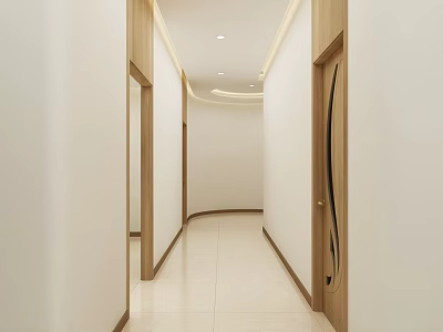 Modern Office Corridor With White Walls Wooden Doors And Tile Flooring 3d model