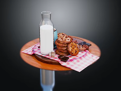 Fresh Milk with Stacked Cookies and Chocolate on Wooden Table with Checkered Cloth 3d model