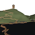 Wooden Boardwalk Road Facilities Along Scenic Lake With Green Hills And Pavilion