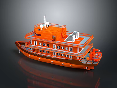 Orange Double Decked Water Transport With Upper Deck Antennas Solar Panels And Windows 3d model