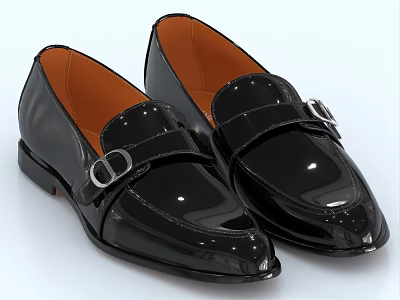 Men's Black Patent Leather Loafers With Metal Buckle Orange Lining And Black Sole 3d model