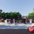 Scenic Commercial Landscape With Red Brick Brand Stores Steps Trees Blue Mascot And Lights