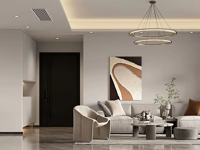 Modern Open Concept Living Dining Room With Sofa Coffee Table Chandelier Artwork And Green Plants 3d model