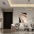 Modern Open Concept Living Dining Room With Sofa Coffee Table Chandelier Artwork And Green Plants