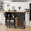 Black Kitchen Cart Cabinets Wooden Top Fruits Wine Bottles Glasses And Storage Shelves