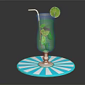 Refreshing Beverage in Tall Glass with Lime Slices and Garnish on Blue White Tray
