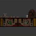 Decorative Wooden Counter With Ornate Carvings Boxes Book And Glass Bottles