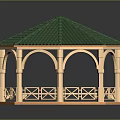 Hexagonal Gazebo With Green Roof Arched Porches Wooden Railings And Sturdy Base