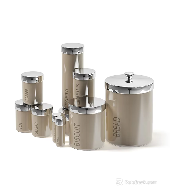 Set of Different Sizes Spice Jars with Silver Lids and Beige Body for Kitchen Storage 3d model 