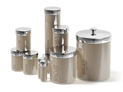 Set of Different Sizes Spice Jars with Silver Lids and Beige Body for Kitchen Storage 3d model