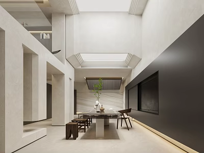 Modern Basement Interior Design With Open Layout Dining Table And Green Plant 3d model