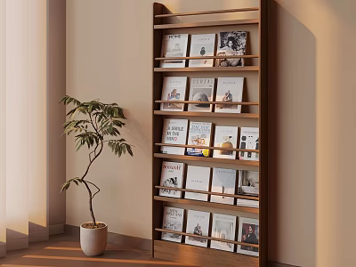 Stylish Wooden Bookshelf Filled With Books And Potted Plant In Cozy Interior 3d model