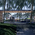 Park Landscape With Wooden Pergola Stone Steps Red Ornaments Tall Trees And Lush Grass