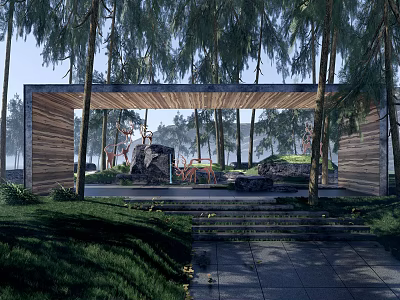 Park Landscape With Wooden Pergola Stone Steps Red Ornaments Tall Trees And Lush Grass 3d model