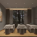 Elegant Beauty Salon Interior With Treatment Tables Large Window Trees Outside And Wooden Floor