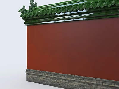 Traditional Red Building Exterior Wall With Green Glazed Tile Roof And Gray Brick Stone Base 3d model
