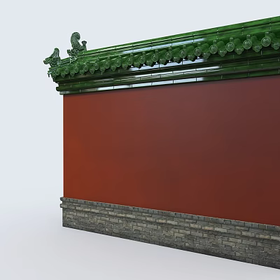 Traditional Red Building Exterior Wall With Green Glazed Tile Roof And Gray Brick Stone Base 3d model