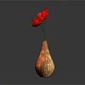 Beautiful Red Carnation In Brown Textured Vase On Black Surface With Gray Background