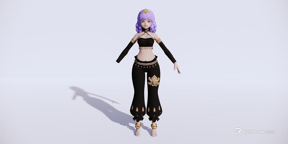 Game Character With Purple Hair Golden Crown Black Crop Top And Flared Pants Decorations 3d model 