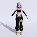 Game Character With Purple Hair Golden Crown Black Crop Top And Flared Pants Decorations