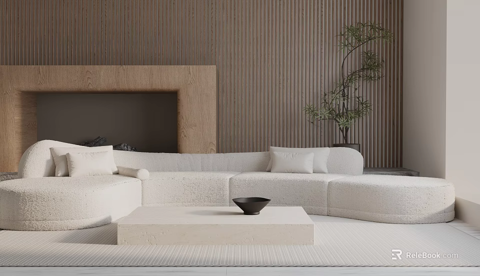 White Three Seater Sofa In Modern Living Room With Beige Walls Wooden Accents Coffee Table And Plant 3d model 