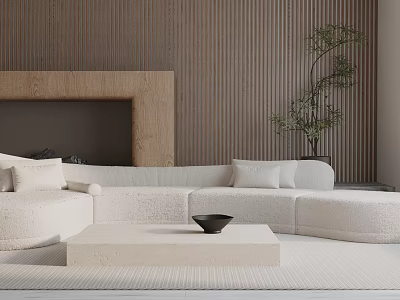 White Three Seater Sofa In Modern Living Room With Beige Walls Wooden Accents Coffee Table And Plant 3d model