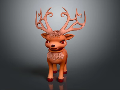 Cute Cartoon Style Orange Deer Plush Toy With Curled Antlers And Red Eyes 3d model