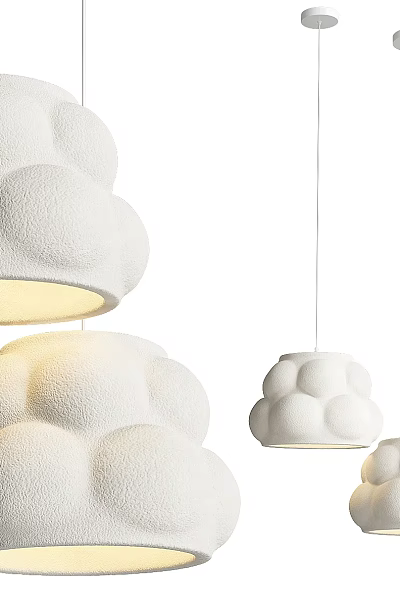 Multiple White Cloud Shaped Pendant Lights With Textured Rounded Bumps Surface Design 3d model