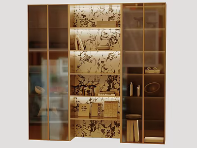 Modern Wine Cabinet With Glass Doors Interior Lighting And Decorative Storage Shelves 3d model