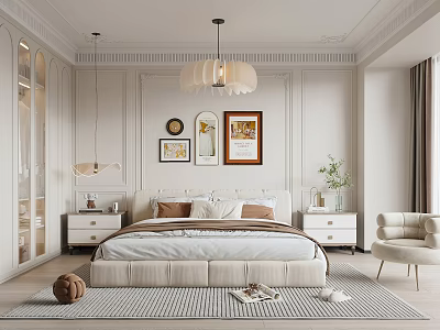 Modern Elegant Bedroom Interior With Upholstered Bed Framed Artworks Pendant Light And Striped Rug 3d model