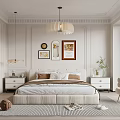 Modern Elegant Bedroom Interior With Upholstered Bed Framed Artworks Pendant Light And Striped Rug