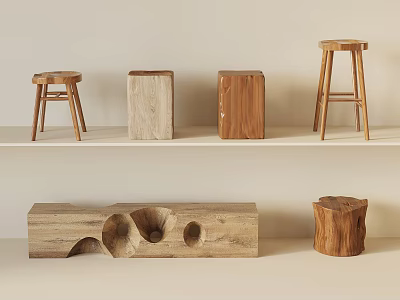 Wooden Stools And Decorative Blocks In Various Shapes Displayed On Shelves 3d model
