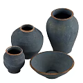 Handcrafted Dark Blue Ceramic Vessels With Rustic Orange Edges And Bowl 3d model