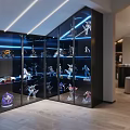 Modern Study Room Interior With Glass Display Case Figurines Wooden Floor And Linear Ceiling Lights