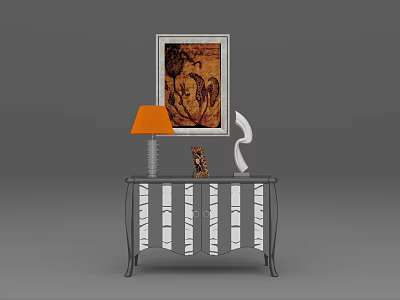Black and White Striped Sideboard Featuring Orange Lamp White Sculpture Small Book and Wall Art 3d model