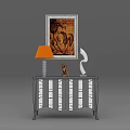 Black and White Striped Sideboard Featuring Orange Lamp White Sculpture Small Book and Wall Art