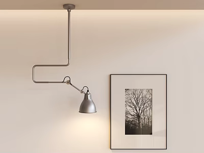 Modern Silver Pendant Light With Curved Metal Arm And Framed Tree Wall Art 3d model
