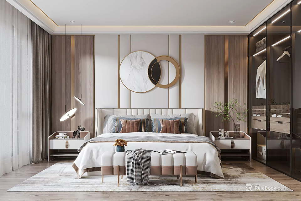 Modern Elegant Bedroom Interior With Upholstered Headboard Decorative Mirrors Wooden Wall Panels And Nightstands 3d model 