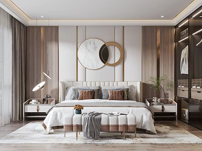 Modern Elegant Bedroom Interior With Upholstered Headboard Decorative Mirrors Wooden Wall Panels And Nightstands 3d model
