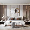 Modern Elegant Bedroom Interior With Upholstered Headboard Decorative Mirrors Wooden Wall Panels And Nightstands