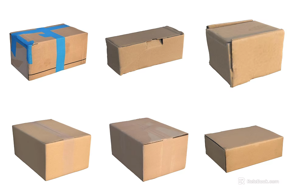 Various Cardboard Boxes With Blue Tape And Different Shapes For Storage 3d model