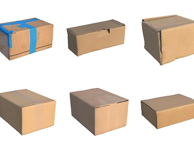 Various Cardboard Boxes With Blue Tape And Different Shapes For Storage 3d model