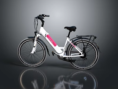 White Bicycle With Pink Accents Black Seat And Rear Rack For Leisure Rides 3d model