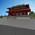 Ancient Chinese Architecture Red Building With Yellow Roof Ornate Cornices Carvings White Railings And Steps