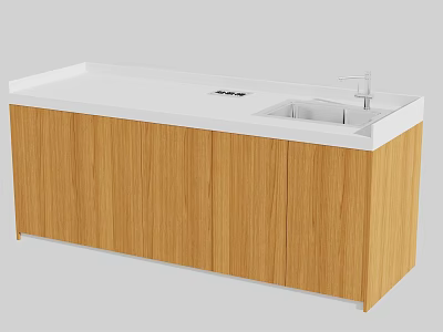 Simple Wooden Bathroom Vanity With White Countertop Sink And Faucet Design 3d model
