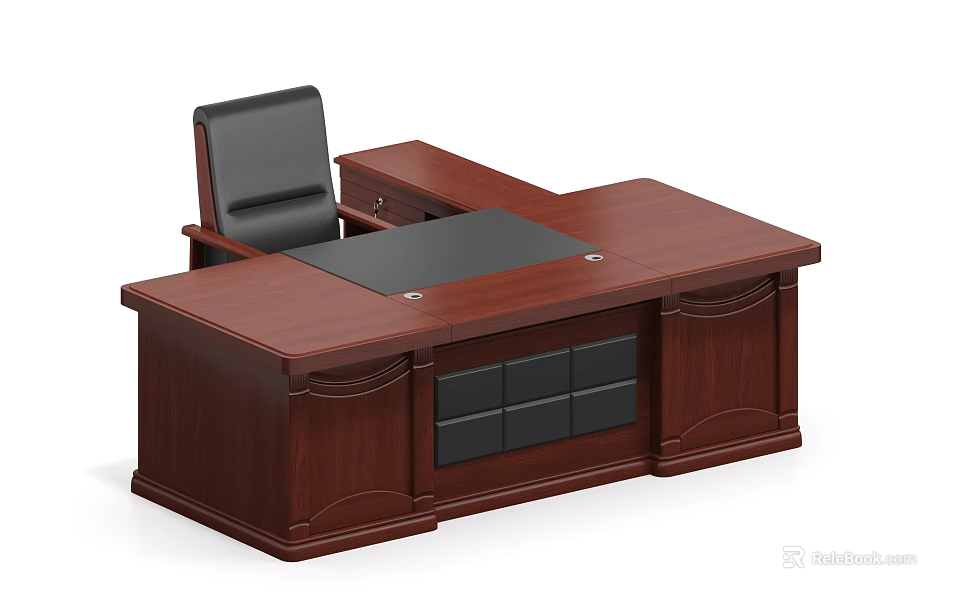 Dark Brown Wooden Executive Office Desk With Storage Drawers And Leather Chair 3d model 
