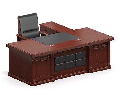 Dark Brown Wooden Executive Office Desk With Storage Drawers And Leather Chair 3d model