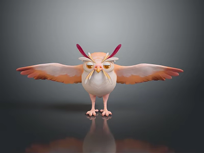 Cute Cartoon Owl Flying Animal With Orange Wings Red Feathers Standing and Spread Wings 3d model